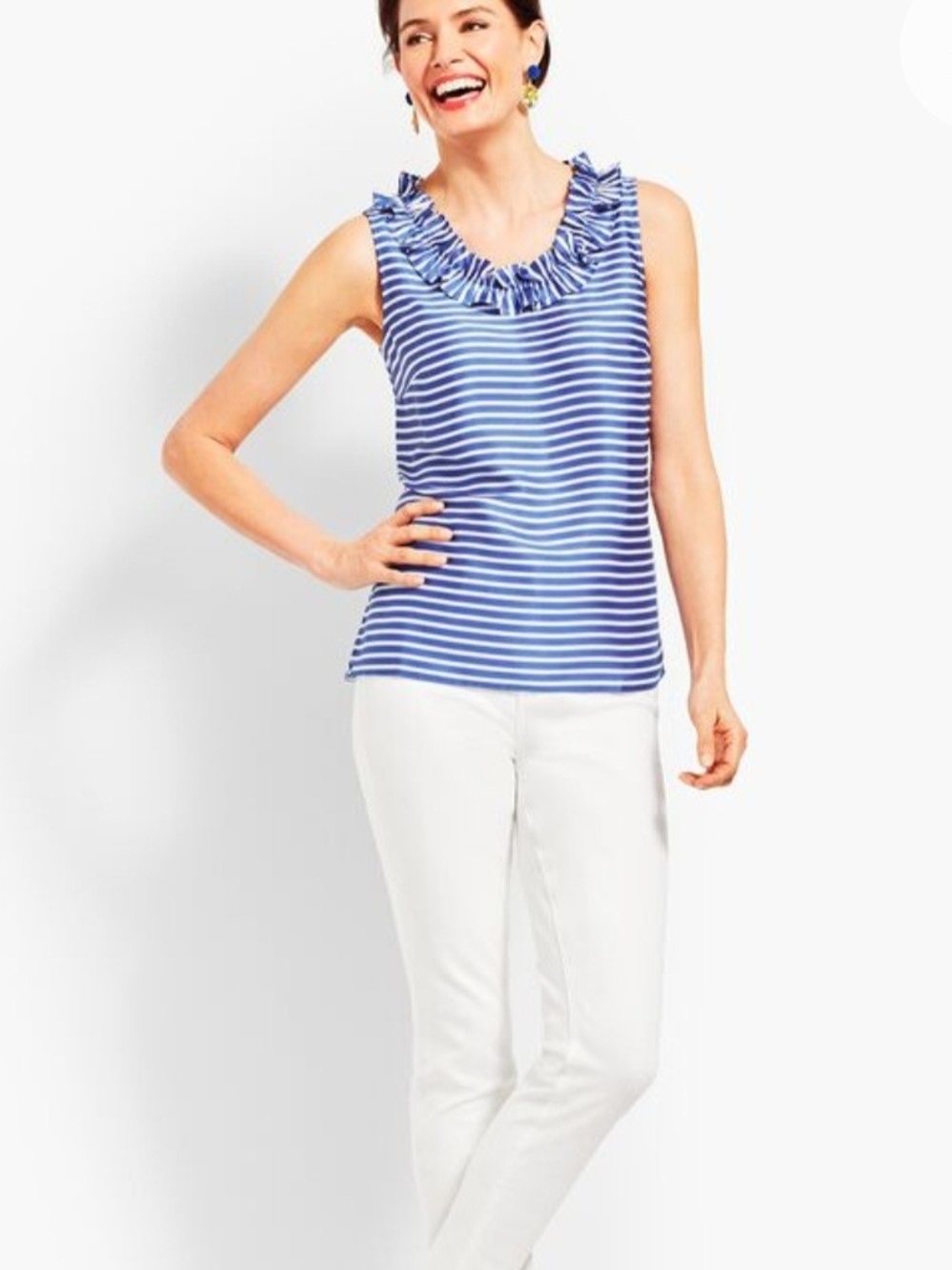 Talbots Blue and White Striped Ruffle Neck Sleeveless Top